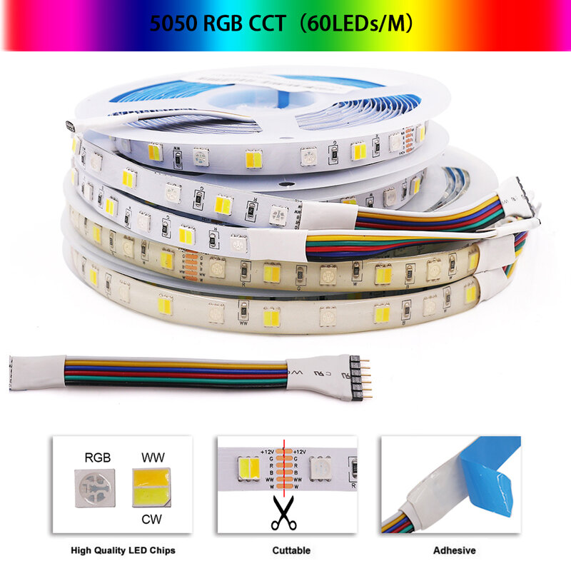 Tira de luces Led RGBW RGBWW RGBCCT, cinta de diodo Flexible de color blanco cálido, resistente al agua, 5M, 5050/150 LEDs, CC de 12V, 300/600 RGB