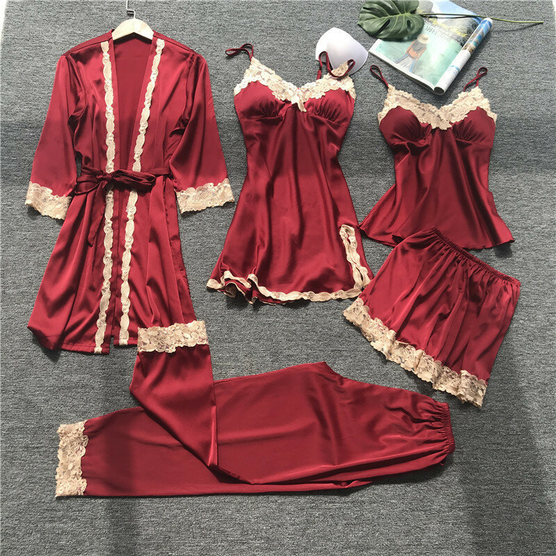 2024 Pajamas Summer Sexy Five Piece Set Korean Edition Hanging Strap Women's Home Clothes With Chest Pads Sleeprobe Thin Style