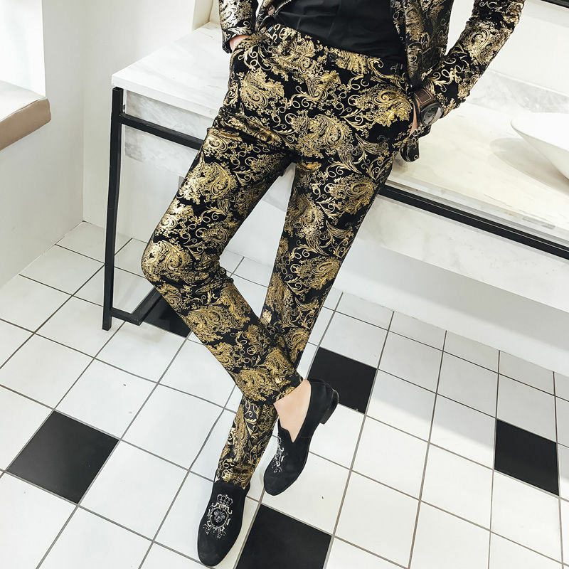 2-A8 Men's Korean Slim Floral Suit, Bronzing Spring Trendy Small Suit, Nightclub Hst's Top Two-piece Set
