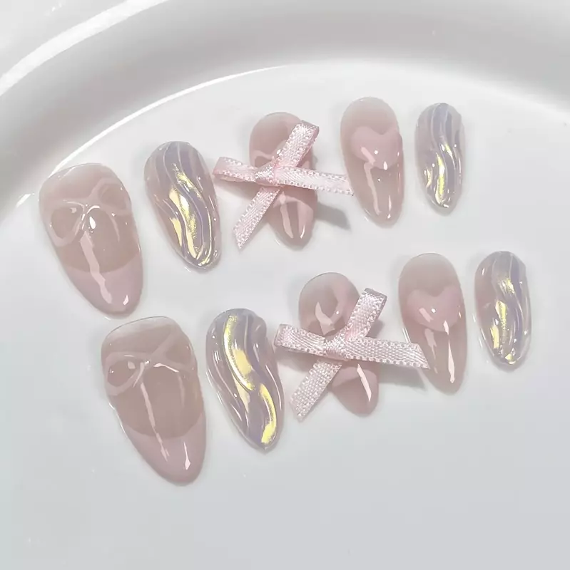 10 szt. Różowa prasa do paznokci z węzłem 3D z kokardą z francuskiego migdału, sztucznymi paznokciami, ręcznie robiona, pełna osłona, sztuczne paznokcie
