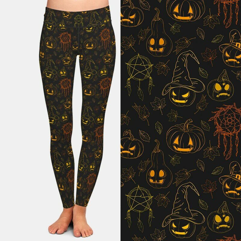 LETSFIND-mallas elásticas de cintura alta para mujer, pantalones completos 3D con estampado de calabazas de Halloween, atrapasueños y hojas de otoño