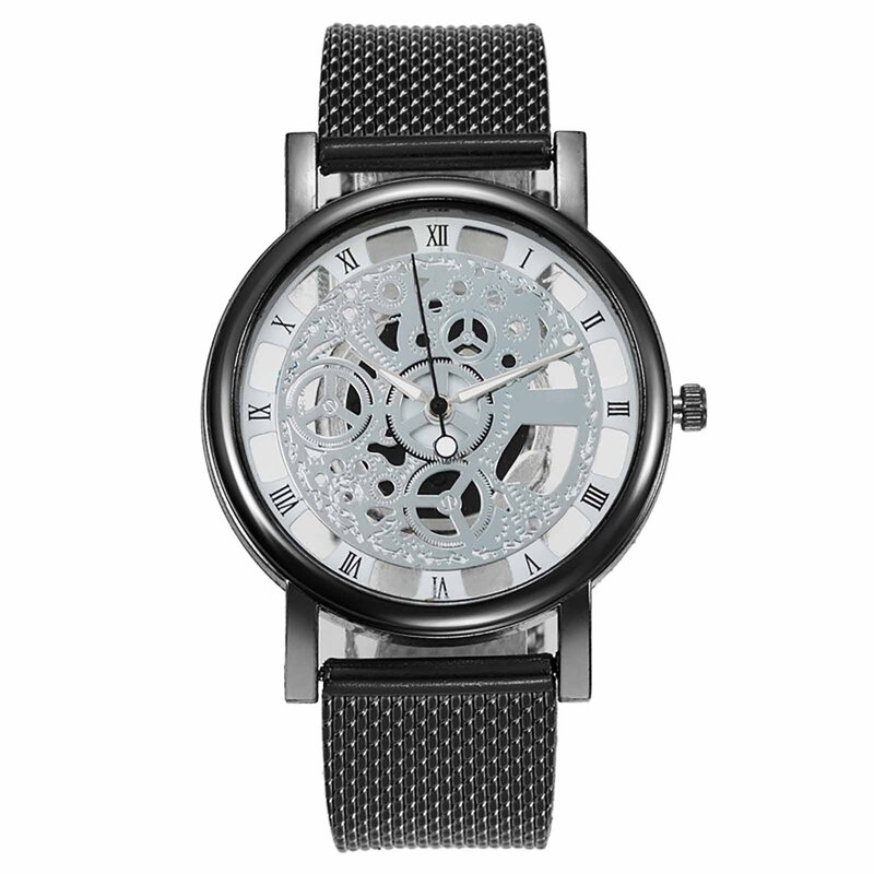 Luxry-Reloj de pulsera con grabado hueco para hombre, cronógrafo de cuarzo, con correa de cuero, a la moda, para negocios