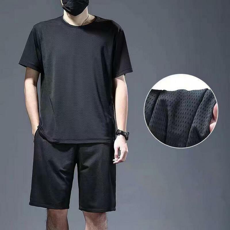 T-shirt Shorts Set Men's Casual O-neck T-shirt Wide Leg Shorts Set for Sportswear Solid Color Ice Silk Outfit with Elastic Waist