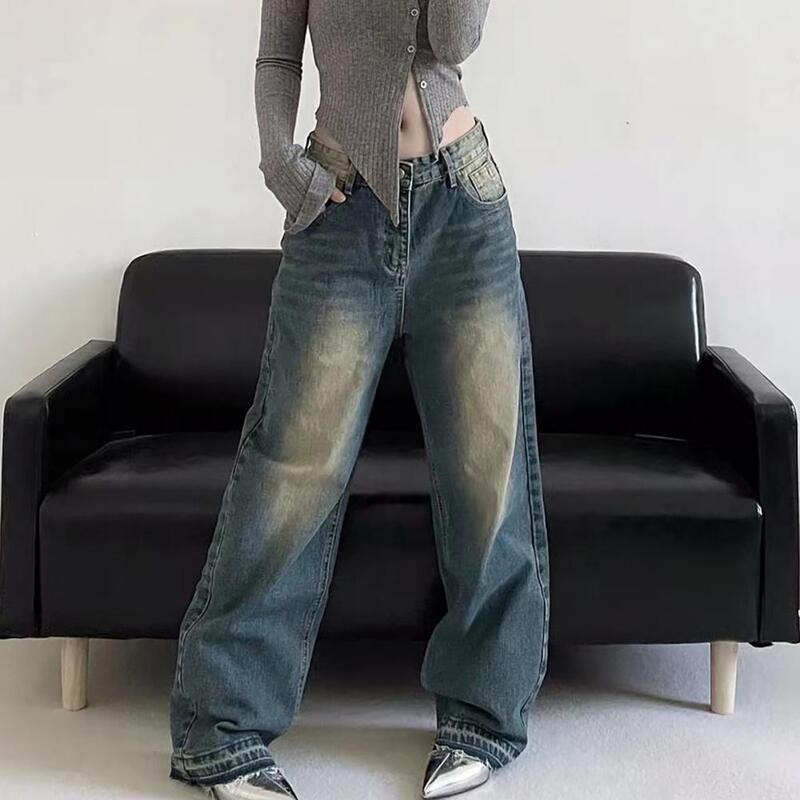 Calça jeans retrô de perna larga masculina com buracos rasgados, jeans vintage, calça streetwear para vestir, estilo hop
