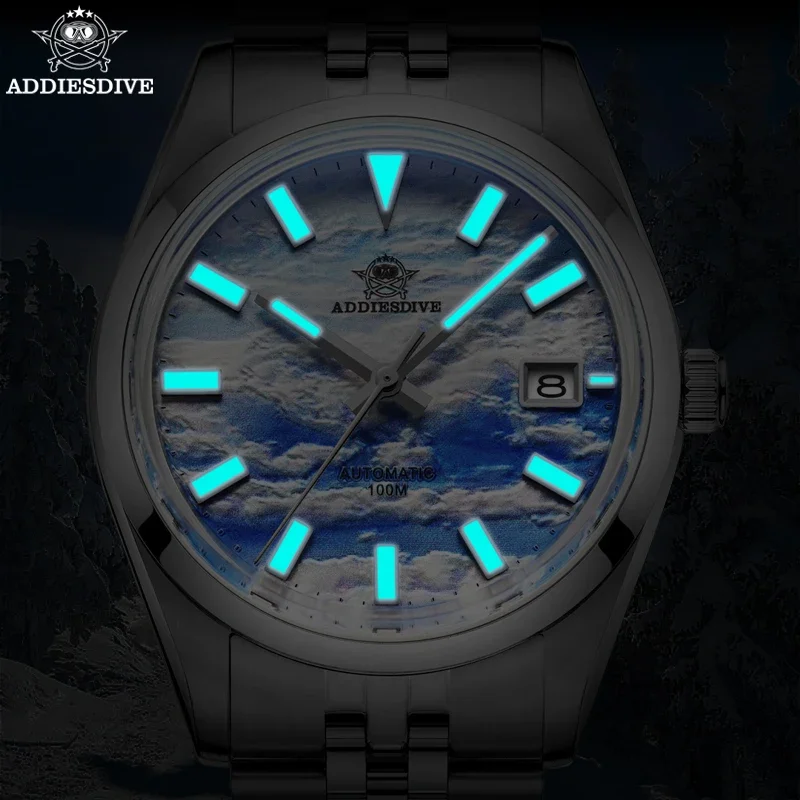 ADDIESDIVE 3D 클라우드 바다 다이얼 자동 기계식 시계, 럭셔리 스테인리스 스틸, 100m 다이빙 야광 시계, AD2041