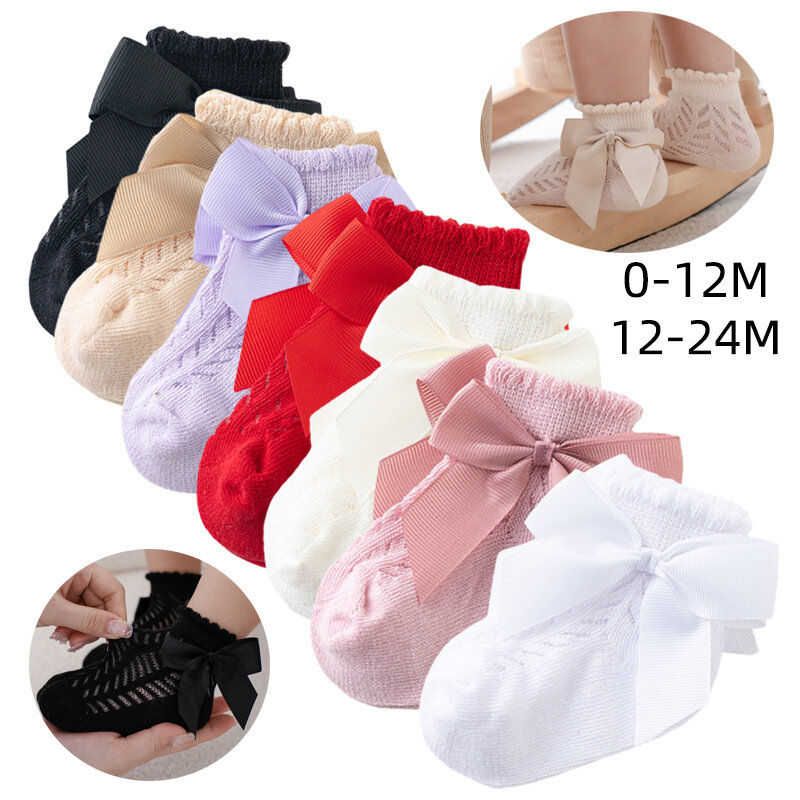 Calcetines de encaje de algodón para bebé recién nacido, medias de princesa con lazo