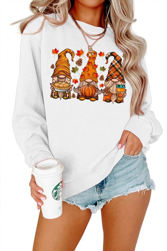 New autumn and winter women's trend pumpkin dwarf print retro round neck large size casual long-sleeved sweater