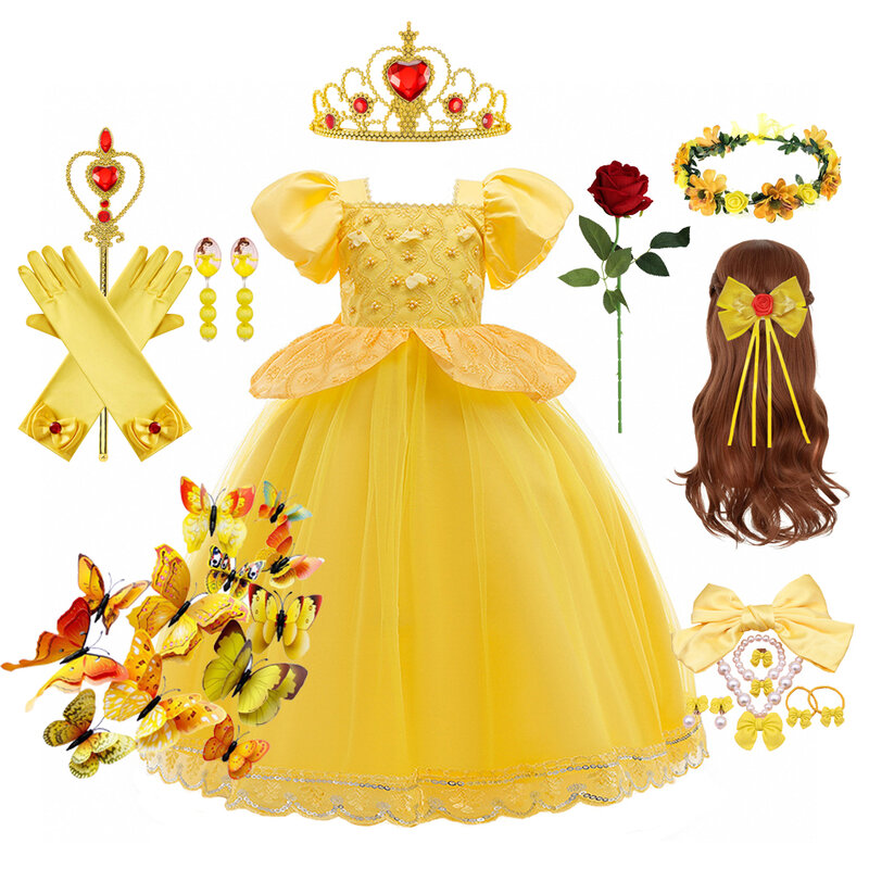 Cosplay Belle Princess vestido de baile para crianças, saia inchada de malha amarela, criança Fairy Tale Clothing, Carnaval, evento, Festival Party Dress