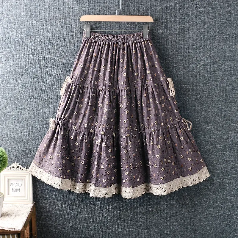 Mori Girl Lace Floral Print Vintage Cotton linen Skirts Women Spring Summer Elastic Waist Casual Loose A-line Skirt