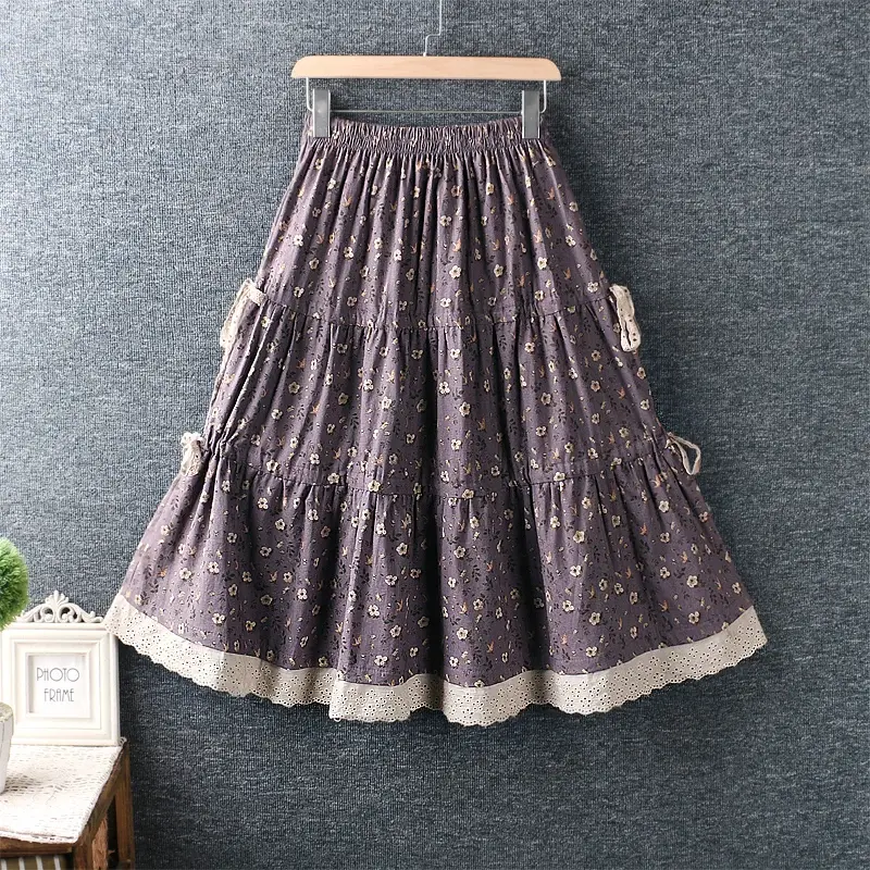 Rok linen katun wanita, Mori gadis renda cetak bunga Vintage katun longgar musim semi musim panas pinggang elastis kasual rok A-line