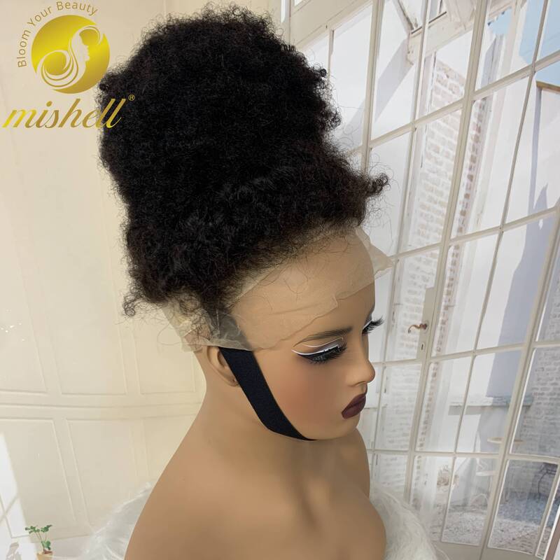 Pelucas de cabello humano rizado para mujeres negras, pelo Afro con encaje Frontal 180% transparente, Color Natural, densidad 360, 18 pulgadas