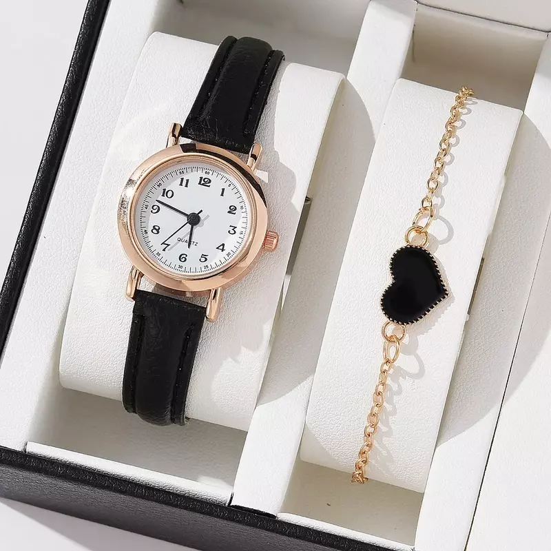 【Free Bracelet】Women's Fashion Casual Leather Watch Strap Quartz Watches Bracelet Two Piece Set