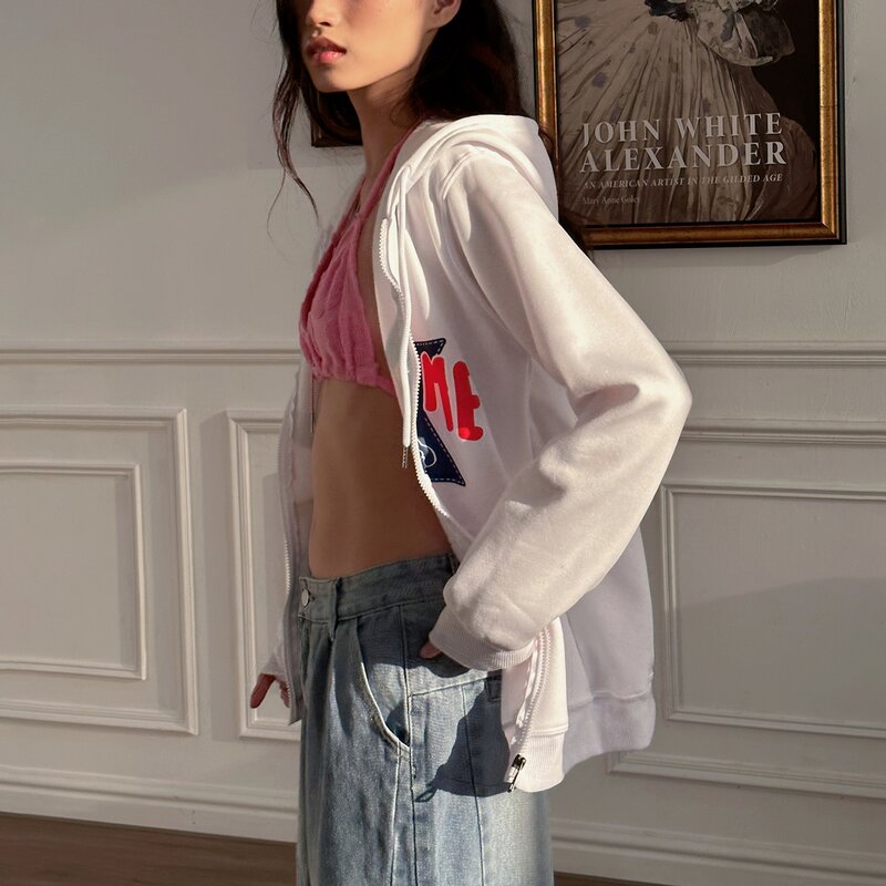 Y2K Women Casual Zip up Hoodies Fashion Star Print Long Sleeve Sweatshirt Jacket with Pockets for Fall Coat Streetwear