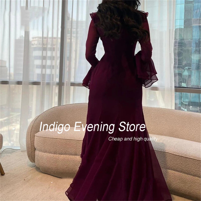 Indaco Prom Dress a-line Scoop Collar manica lunga in Chiffon alla caviglia pieghe semplici eleganti abiti da sera per le donne muslimyprobe