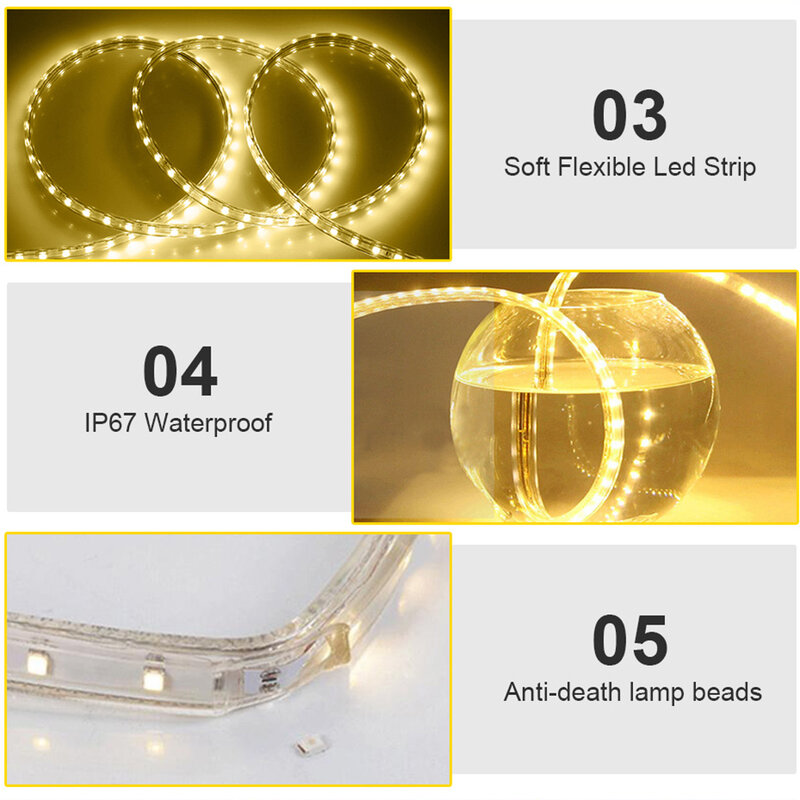 220V LED Strip Light 5050 SMD Waterproof Flexible Tape With EU Power Plug 60LEDs/M RGB Ribbon for Indoor Outdoor Lighting Decor