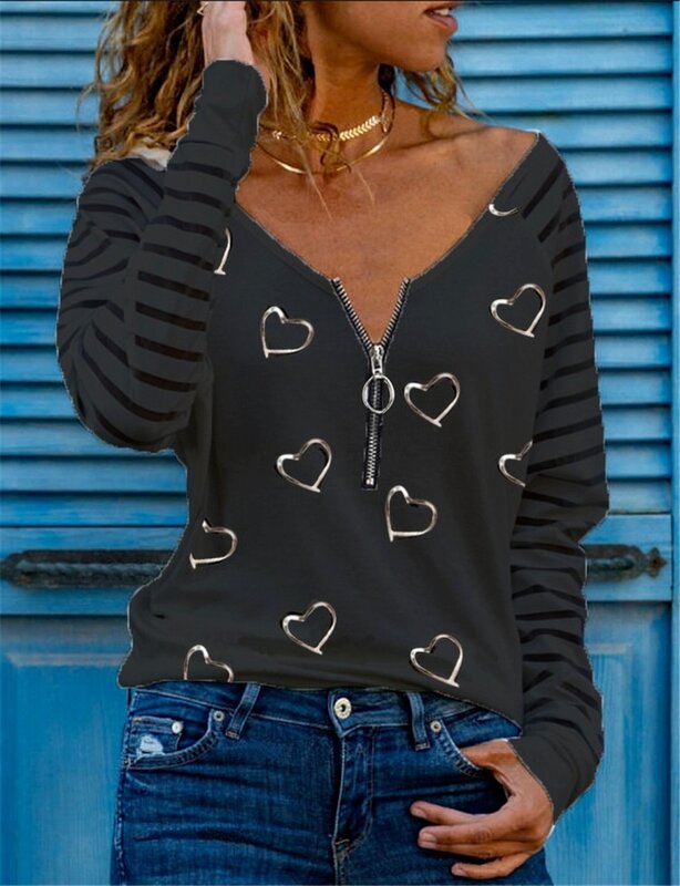 T-Shirt da donna autunno 2023 modello di stampa cerniera stampata con scollo a v Femme manica lunga camicetta da donna Casual top larghi camicia All-match