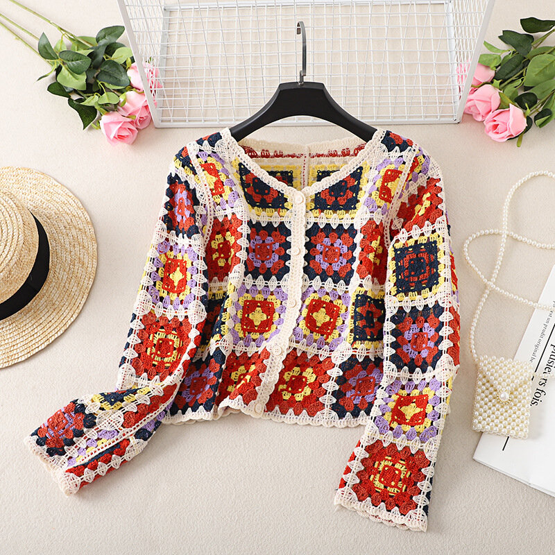 Retro Chic Hook Flower Hollow V Neck Knitted Sun Protection Cardigan Coat Women's Thin Summer Lazy Loose Long Sleeved Top Tide