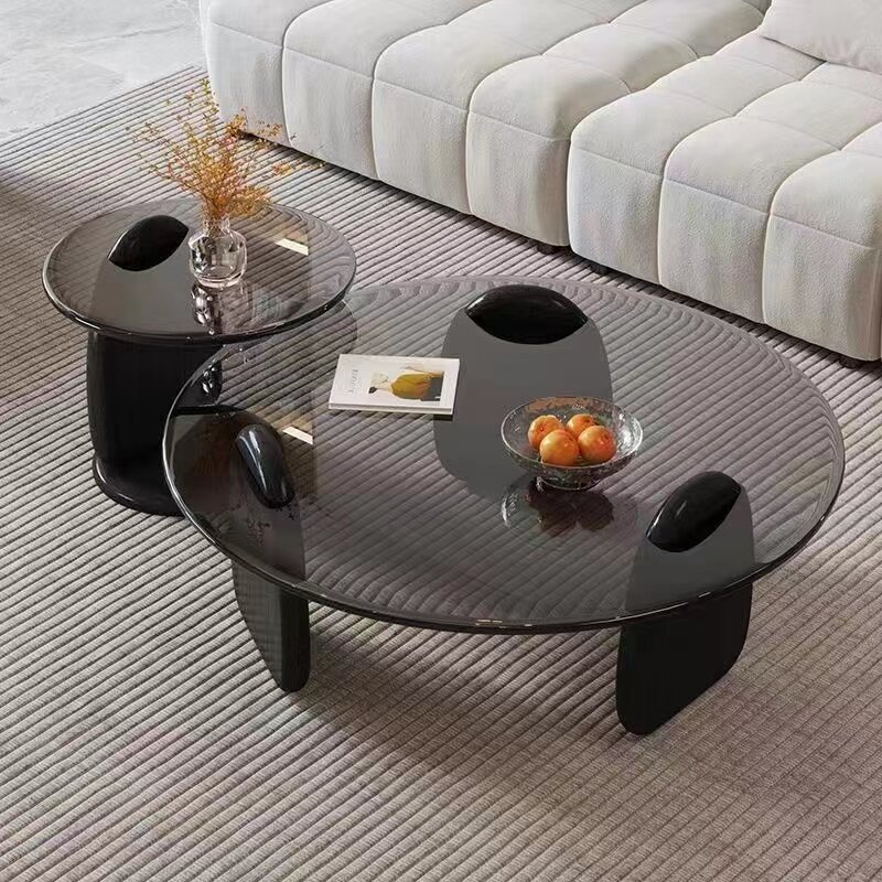 Moderna mesa de café de vidro minimalista, sofá criativo, sala de estar, agregado familiar, lado redondo, luxo acessível, novo