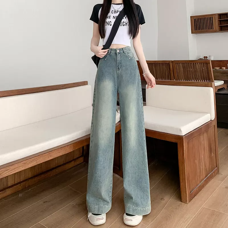 Jeans Vintage a gamba larga donna 2024 estate nuovi pantaloni dritti casual blu lavati a vita alta pantaloni larghi