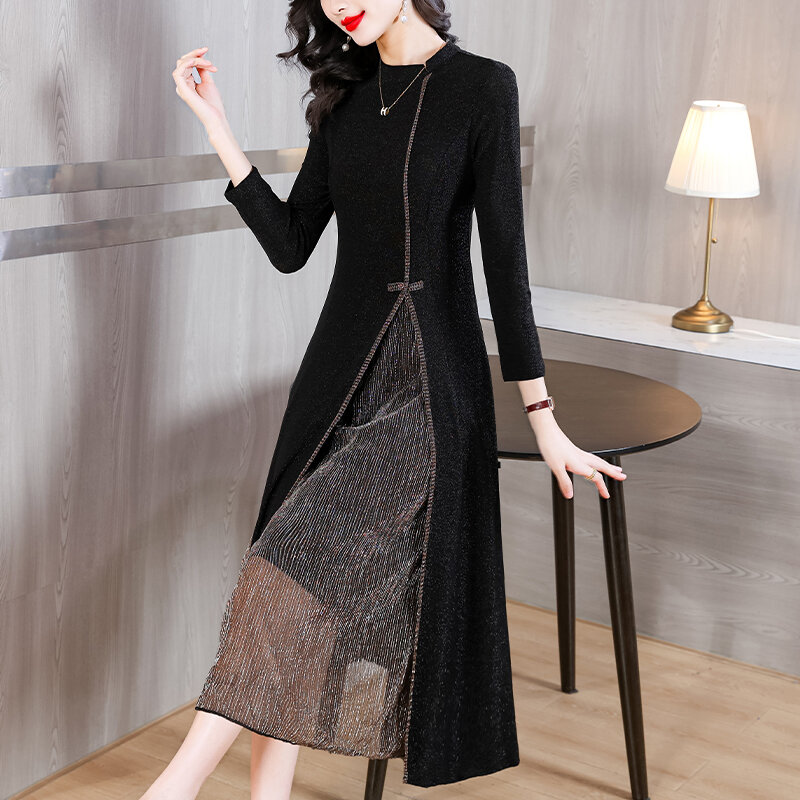 2023 New Women's Knitted Long Sleeve O-Neck Dress Slim Fit Mesh Splice Knee Wrap Hip Chinese Qipao Long Dress