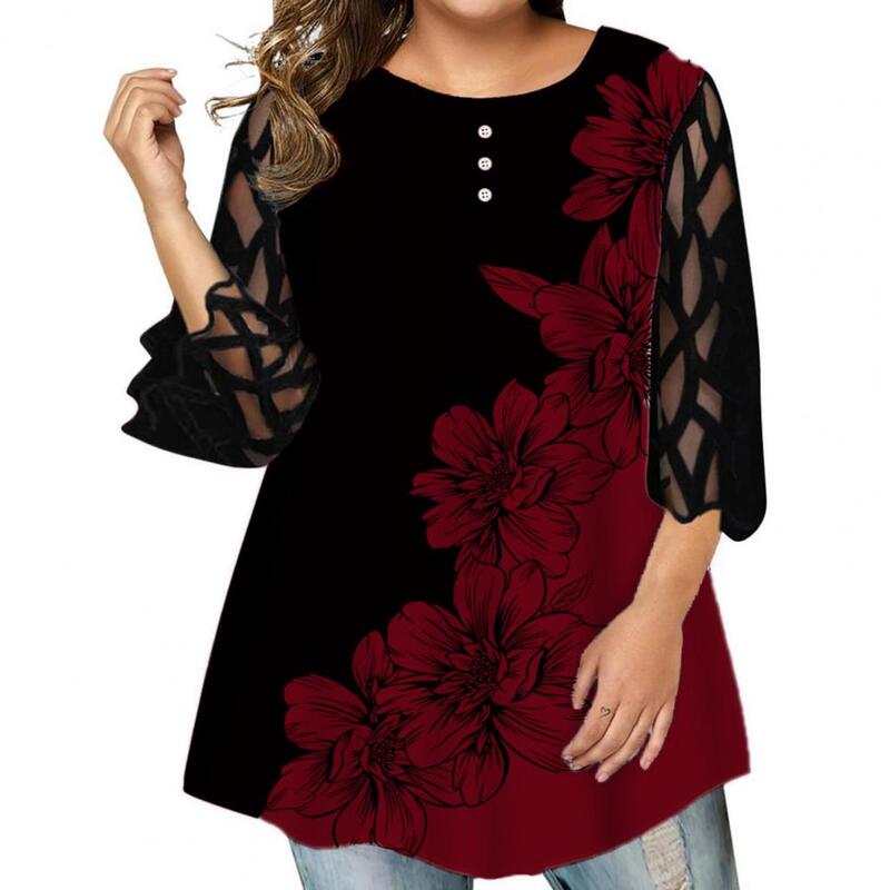 Blusa feminina elegante com estampa floral, plus size, transparente, malha, solta, camisa extragrande, para primavera