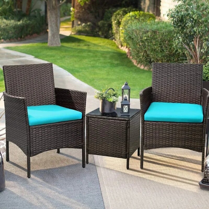 Outdoor Chair, Patio Porch Furniture Sets, 3 Pieces PE Wicker Chairs with Table Outdoor Garden Furniture Sets, Outdoor Chair