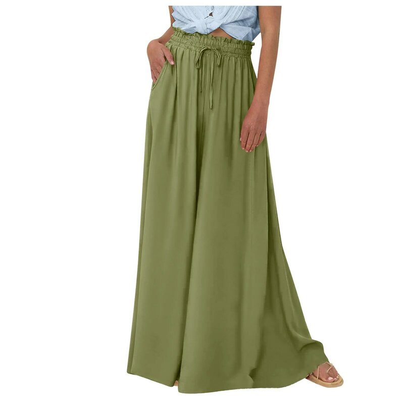 Women's Solid Color Beach Trousers Elastic High Waist Wide Leg Long Pants Female Loose Casual Pants Streetwear Versatile
