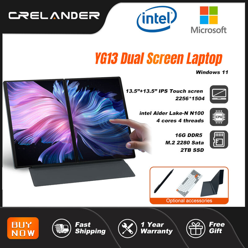 Crelander yg13 ordinateur portable à double écran Intel N100 CPU 13,5 pouces 2,5k écran tactile ddr5 16gb m2 SSD YOGA ordinateur portable tablette
