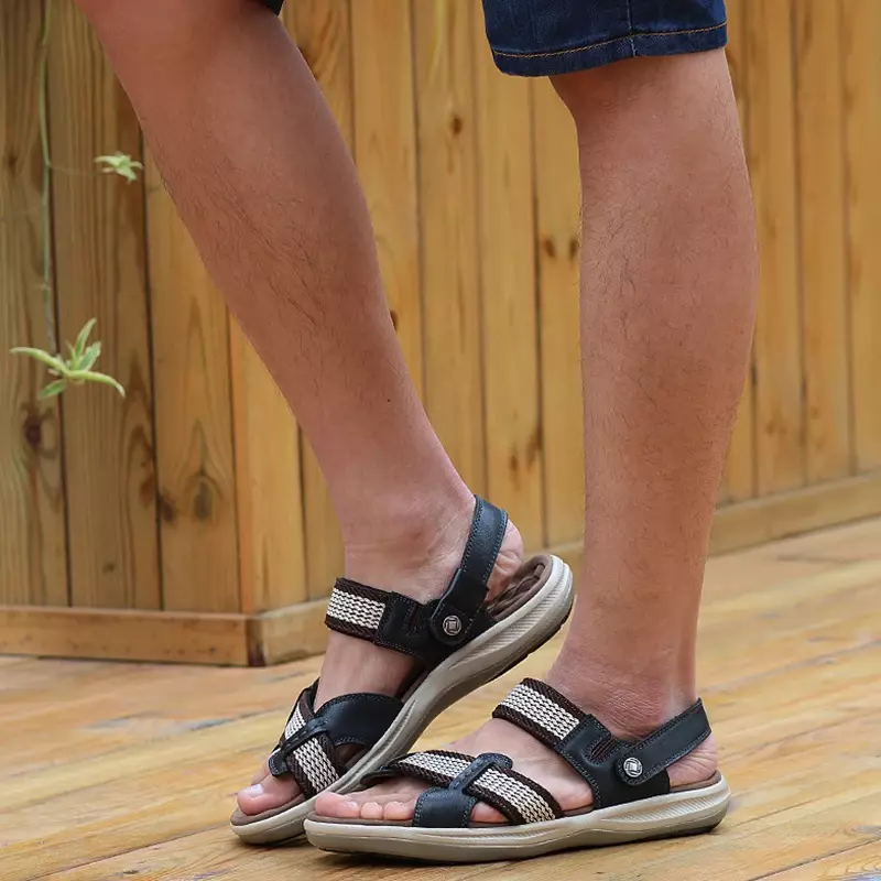 Sandálias romanas de couro genuíno masculinas, tênis confortáveis ao ar livre, sapatos de praia plus size, verão, nova marca