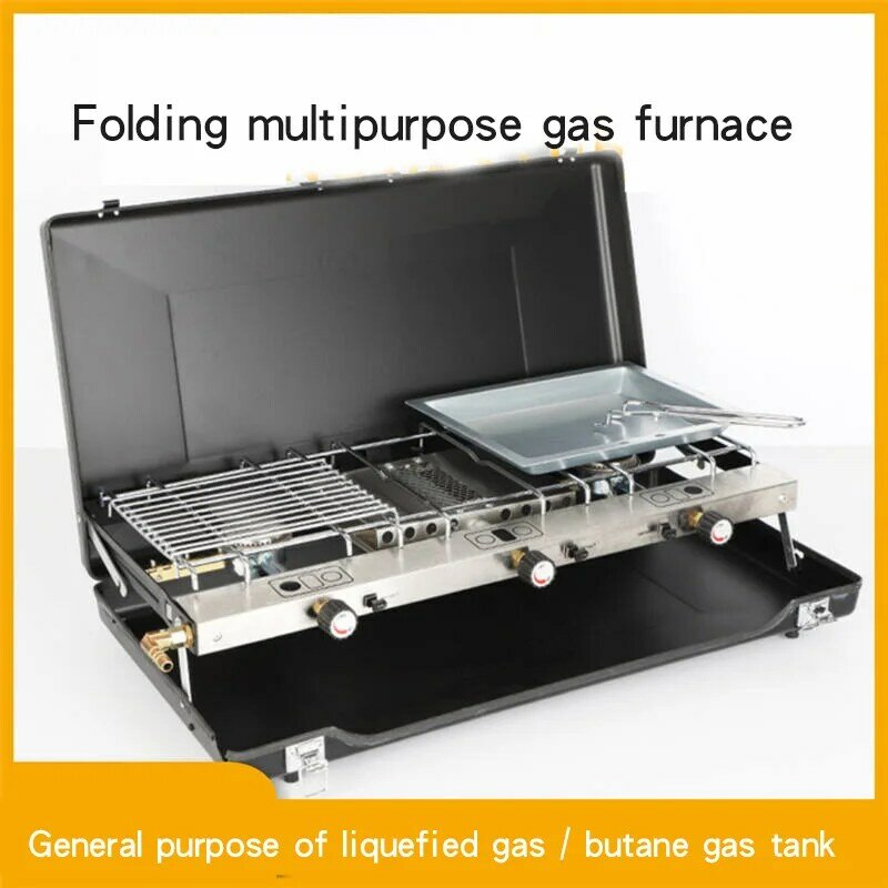 Folding barbecue gas stove camping picnic car gas double-eye three-head windproof car stove outdoor picnic barbecue
