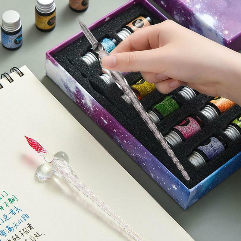 Starry Sky Glass Pens 12 Color Inks Gift Box Set Signature Pen Business Gift Glass Pen Set Students Pen Stationery