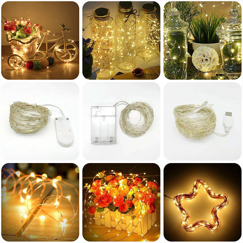 Christmas Fairy Copper Wire Wreath, Bateria 300LEDs, Fonte de Alimentação USB, Decoração do Casamento, Decoração do Quarto, Estética, 10 m, 20 m, 30m