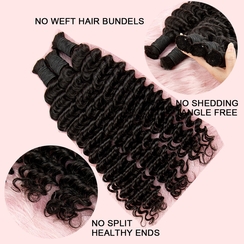 NABI Hair Braiding Bundles, Cabelo humano de onda profunda, Extensões a granel, Pacotes de cabelo virgem para tranças de cabelo, Cor natural