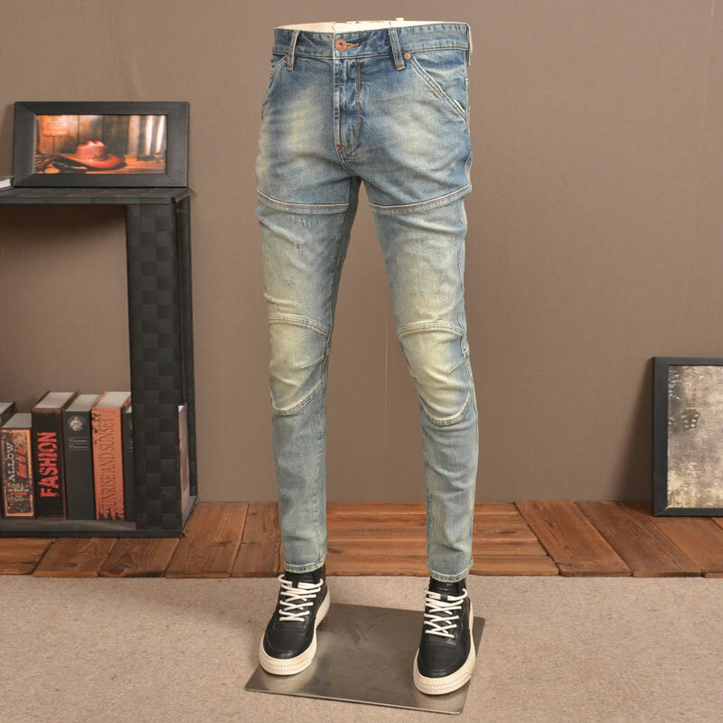 Jeans da uomo di alta moda di strada retrò lavati blu elastici Slim Fit impiombati Jeans da motociclista Homme pantaloni di Jeans Hip Hop firmati Vintage