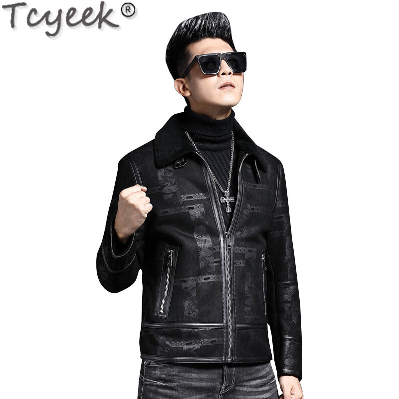 Tcyeek-Chaqueta de piel de oveja auténtica para hombre, abrigo corto de piel Natural, ropa ajustada, cálida, a la moda, para invierno