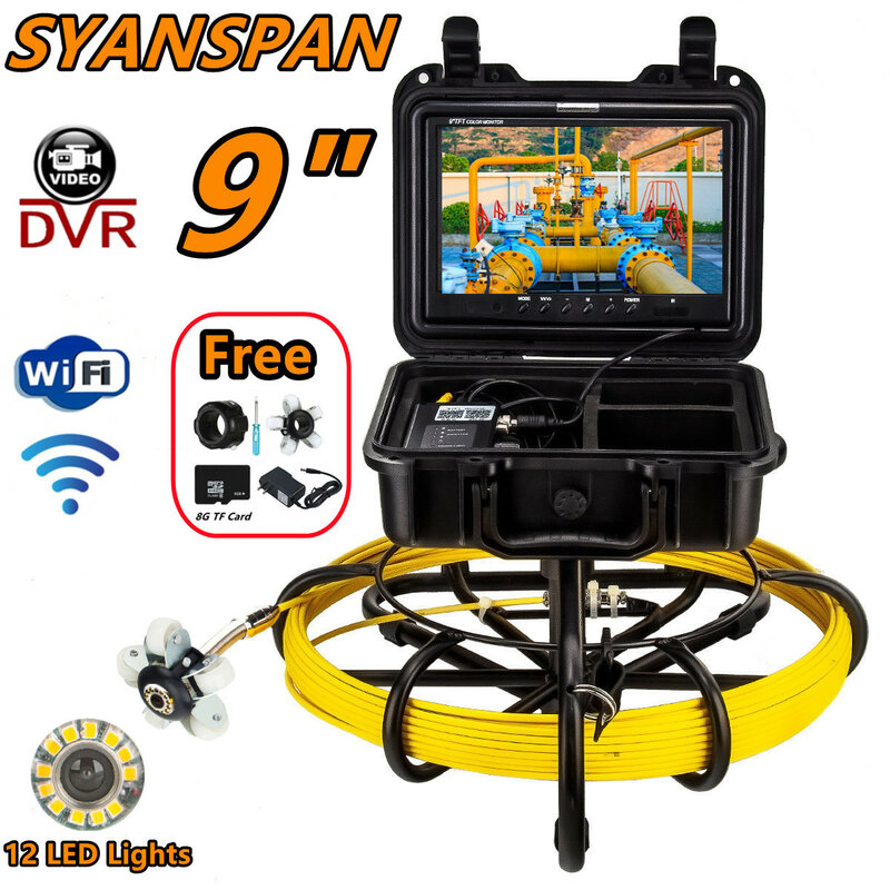 9" DVR Video Recording 30/50/100/200M HD Screen SYANSPAN Pipe Inspection Camera Drain Sewer Pipeline Industrial Endoscope IP68