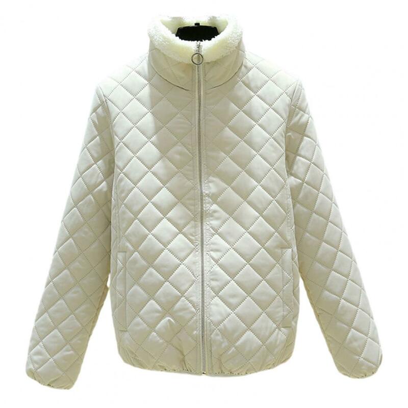 Abrigo de protección con cuello levantado para mujer, chaqueta acolchada gruesa con cierre de cremallera, textura de rombos, Otoño e Invierno