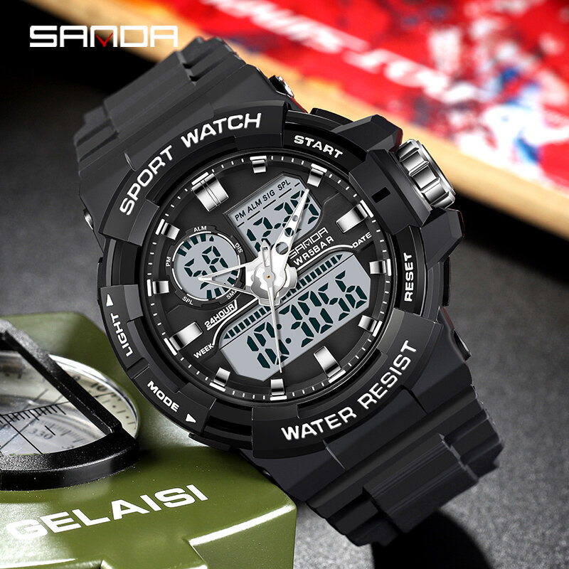 SANDA 6025 молодежные модные цифровые мужские часы 50 м водонепроницаемые кварцевые наручные часы светодиодные фосфоресцирующие повседневные мужские часы