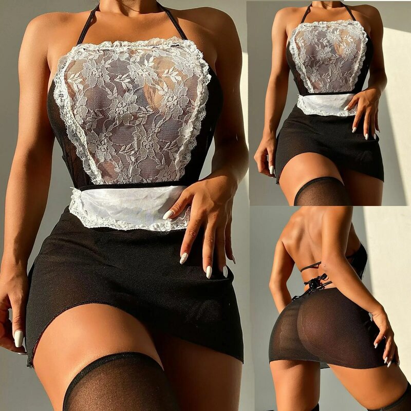 Deep V Collar Mesh Underwear See-through Stitching Lace Women's Nightdress 2023 Perspective Erotic Lingerie Нижнее Белье Женское