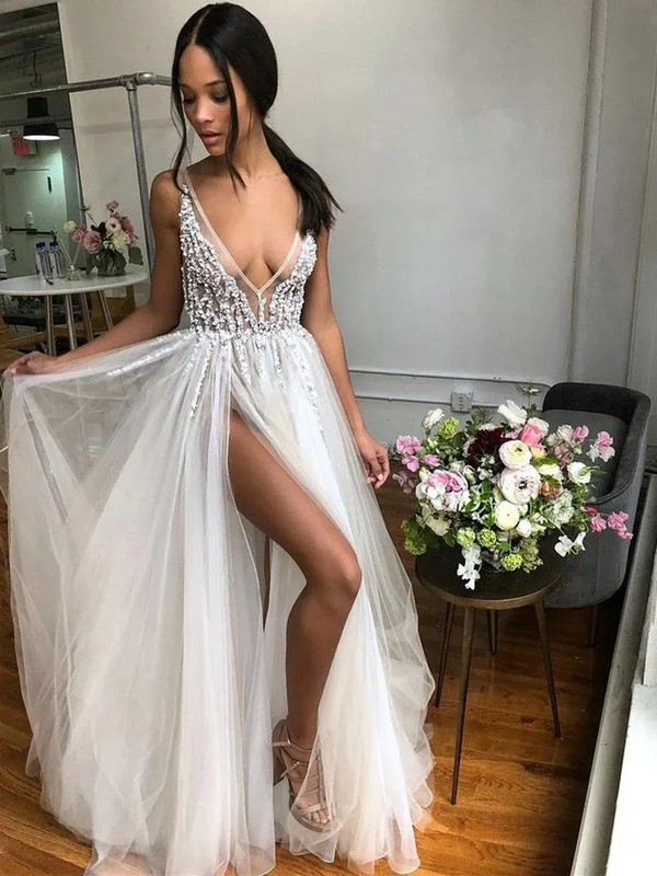 Women's Aline Wedding Dress 2024 Sexy Deep V-Neck High Split Sleeveless Bridal Gowns Tulle Beadings Crystal Vestidos De Novia