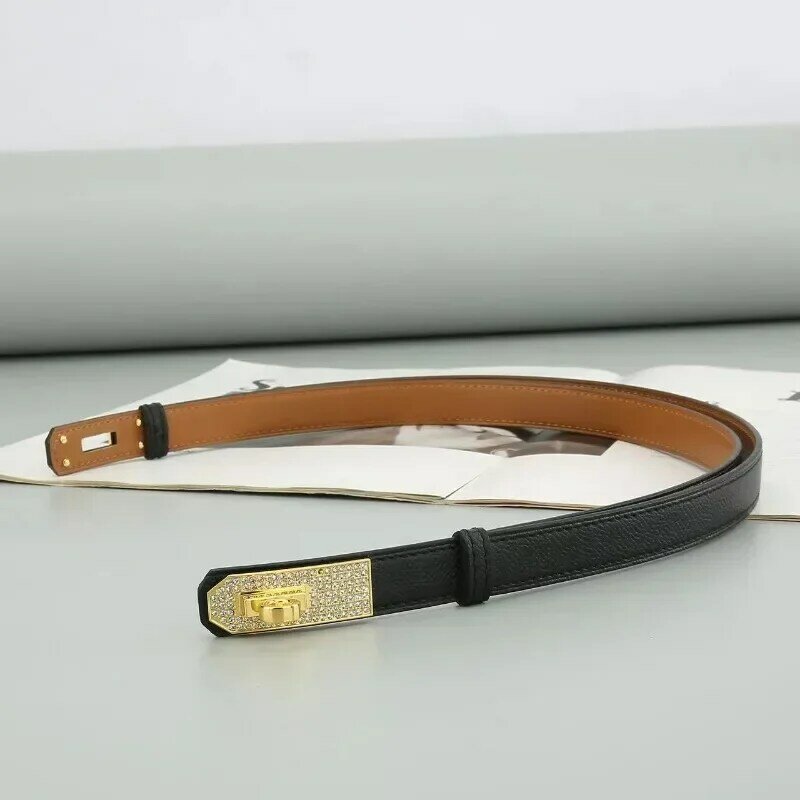 Cinturón de cuero genuino para mujer, hebilla de bloqueo de diamante dorado y plateado, 2024 cm de ancho, 1,8