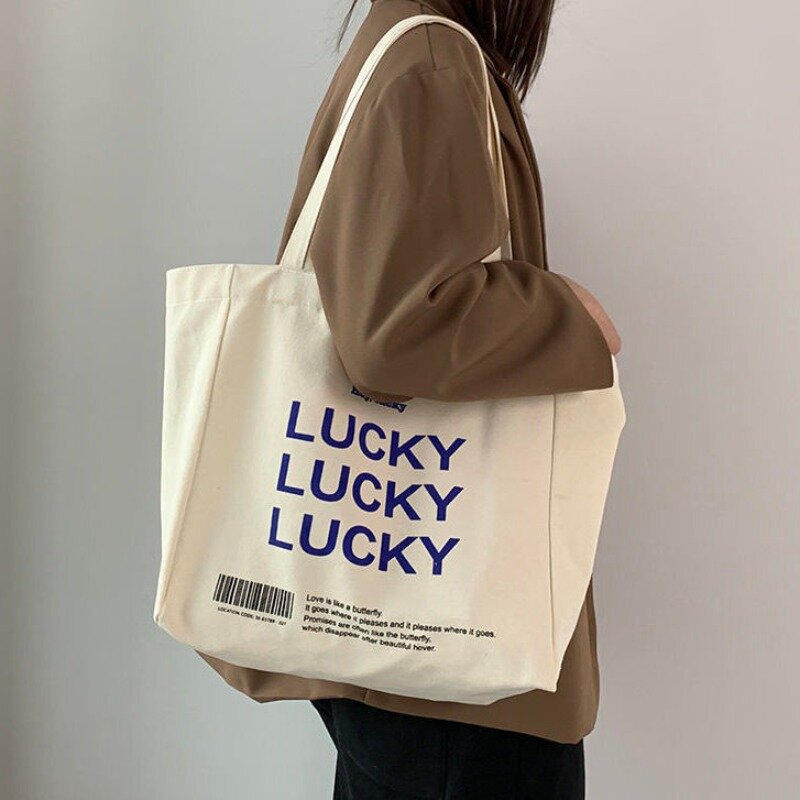 Bolso de mano Simple con estampado de letras, bolso de hombro de lona literario, bolso grande para la escuela, viajes, compras