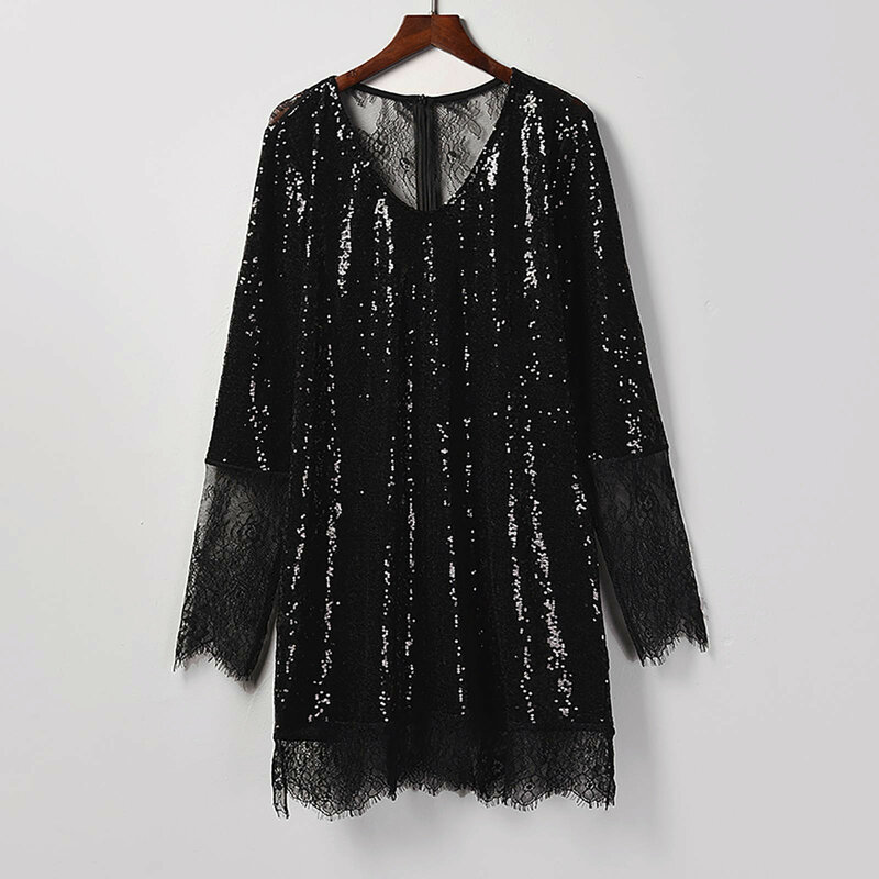 Vネックの長袖タイトドレス,イブニングドレス,透明なレース,刺embroideryスパンコール,黒