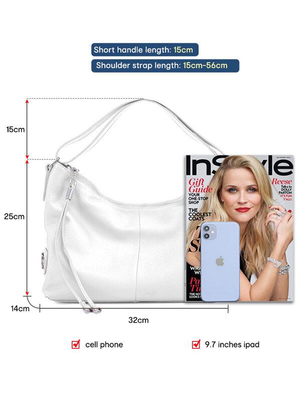 Zence tas bahu wanita besar kulit asli 100% tas tangan warna putih dengan tali lebar yang dapat disesuaikan, tas desainer tas Hobo hitam