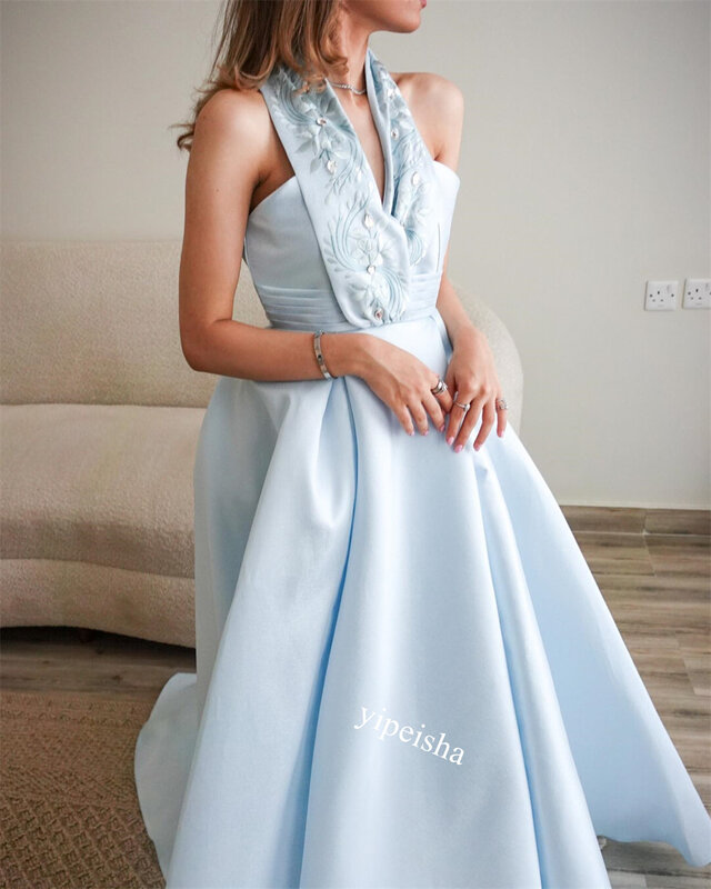 Gaun Prom Arab Saudi Charmeuse bordir pesta A-line Halter Bespoke gaun acara gaun panjang