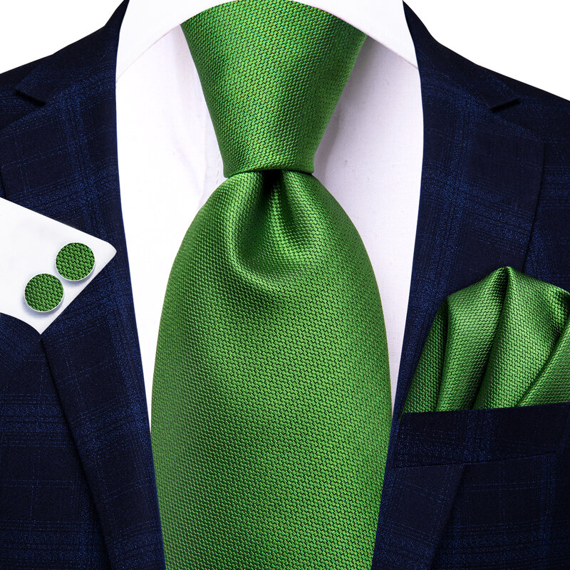 단색 녹색 디자인 실크 웨딩 넥타이 남성용 선물, 핸드키 커프스 링크 넥타이 세트, 하이 타이 파티 비즈니스 패션 도매