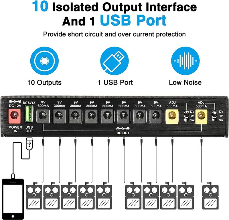 MOSKY-fuente de alimentación de Pedal de efectos de guitarra de potencia, ISO-10, 10 salidas de CC aisladas/5V, salida USB para 9V, 12V, 18V, accesorios de guitarra
