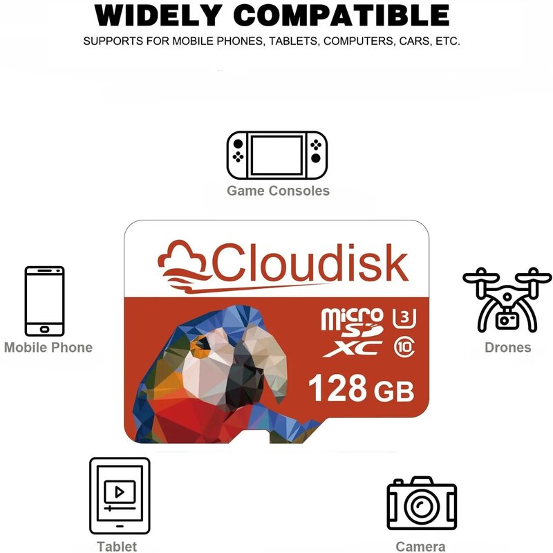Cloudisk-Cartão de Memória Flash Micro SD, Adaptador de Leitura Livre para Telefone, Cartão TF, 8GB, 4GB, 2GB, 1GB, 128GB, 64GB, 32GB, 16GB, U3, C10, A1, 10 PCes