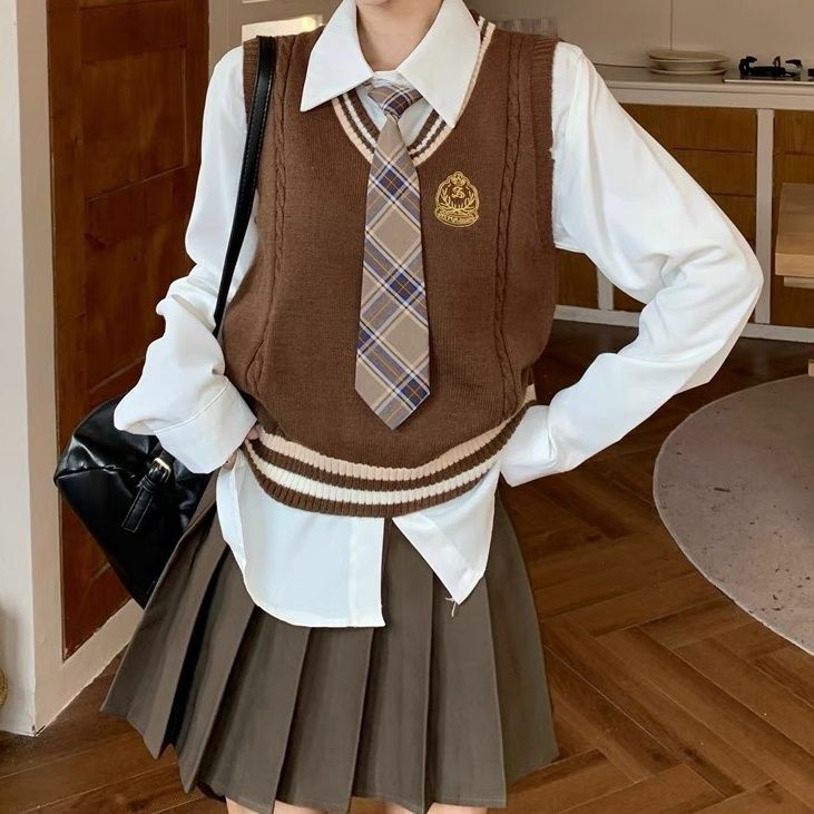 Setelan seragam sekolah gaya kampus Korea Jepang, kemeja rompi rajut, rok lipit, Set 3 potong, seragam sekolah gaya kuliah Amerika
