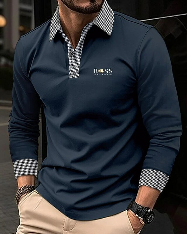 Kaus kerah pria, Baju Pria Amerika Eropa baru musim semi/musim panas dengan lengan panjang slim fit bernapas kain ramah kulit kualitas tinggi